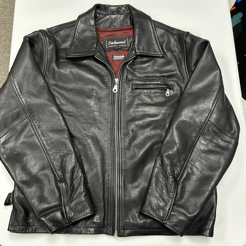 Oakwood Leather Jacket Mens M Black Good Thinsulate Insulated Quilted Lining